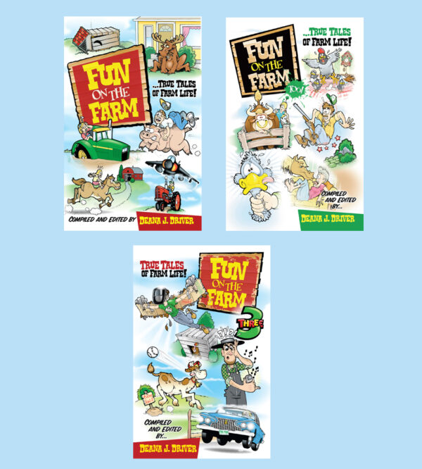 Three book covers of the Fun On The Farm series with cartoon images of a bull, duck, bull at a fence, a person on a runaway horse, boy riding a pig, confused farmer, and other farm antics.