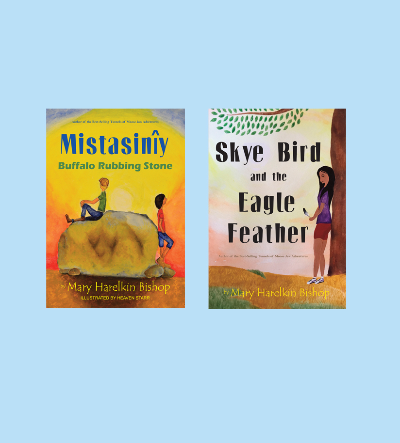 These covers are for two reconciliation-themed books for teens. Mistasiniy: Buffalo Rubbing Stone has two boys on opposite sides of a large rock. Skye Bird and the Eagle Feather has a girl leaning against a tree, holding an eagle feather.